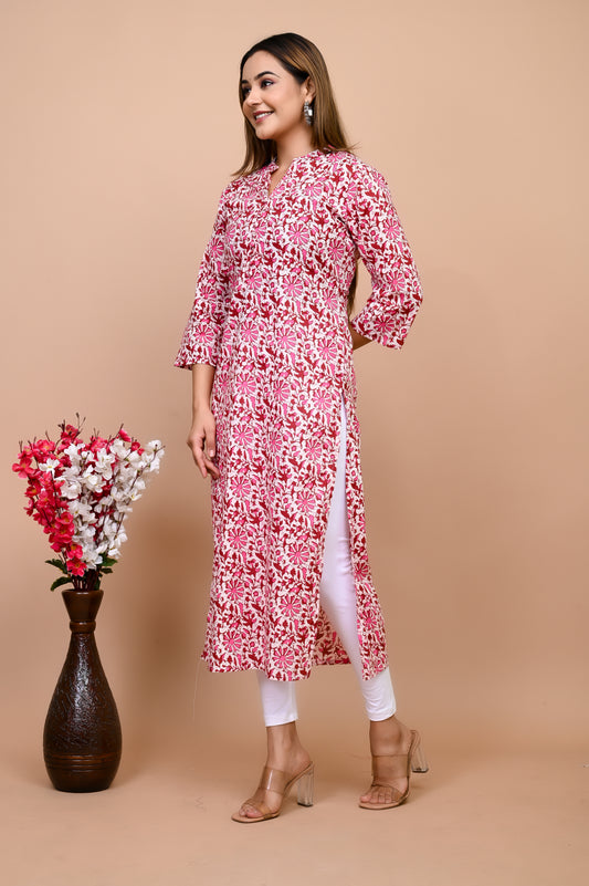 Jaipuri Bubble Gum Pink Jaal Print 100% Cotton Straight Kurti