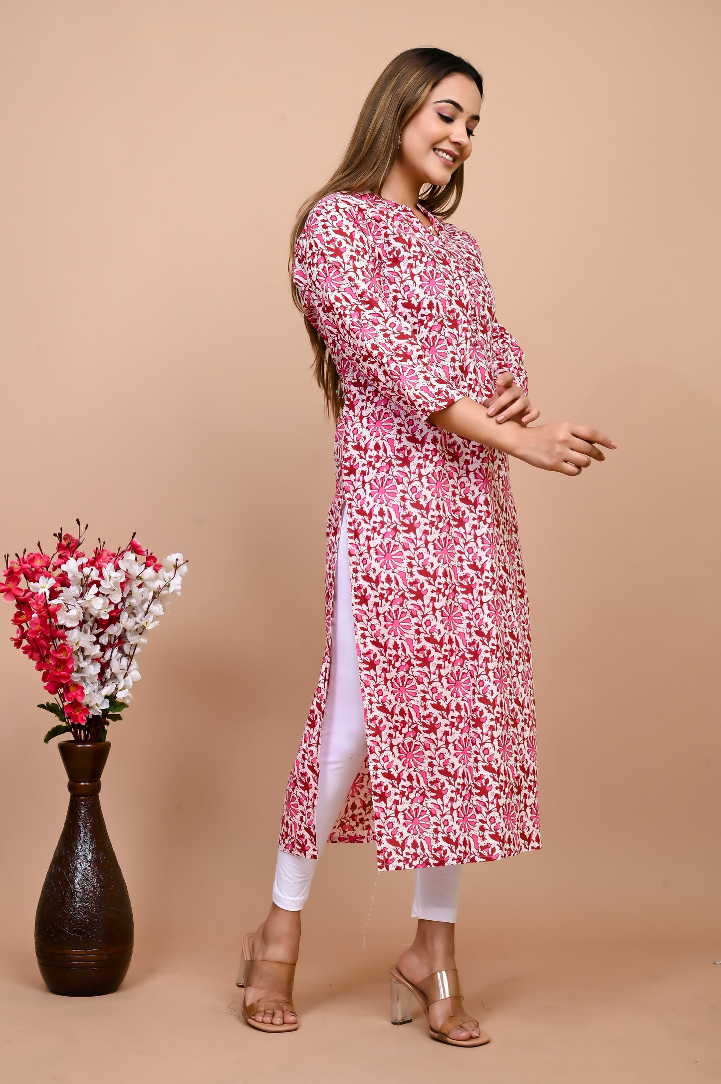 Jaipuri Bubble Gum Pink Jaal Print 100% Cotton Straight Kurti