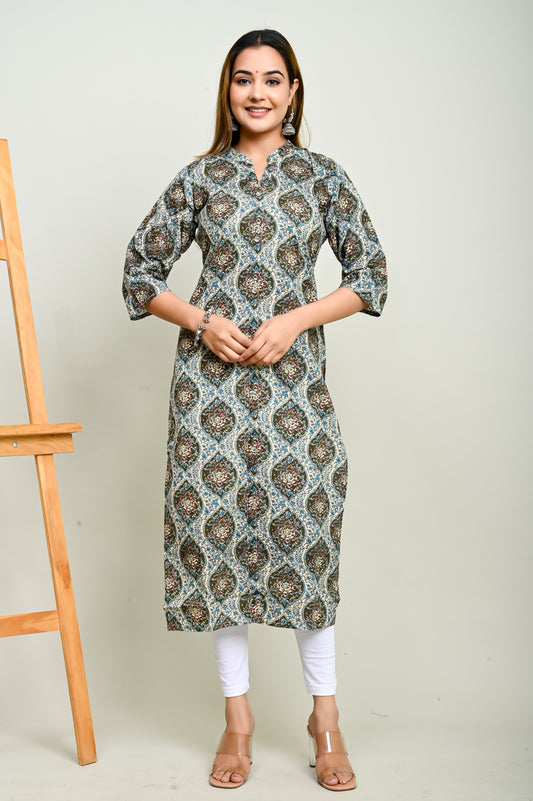 Jaipuri Dual Colour Jaal Print 100% Cotton Straight Kurti