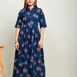 Pink flower motifs navy blue flared 100% cotton kurti