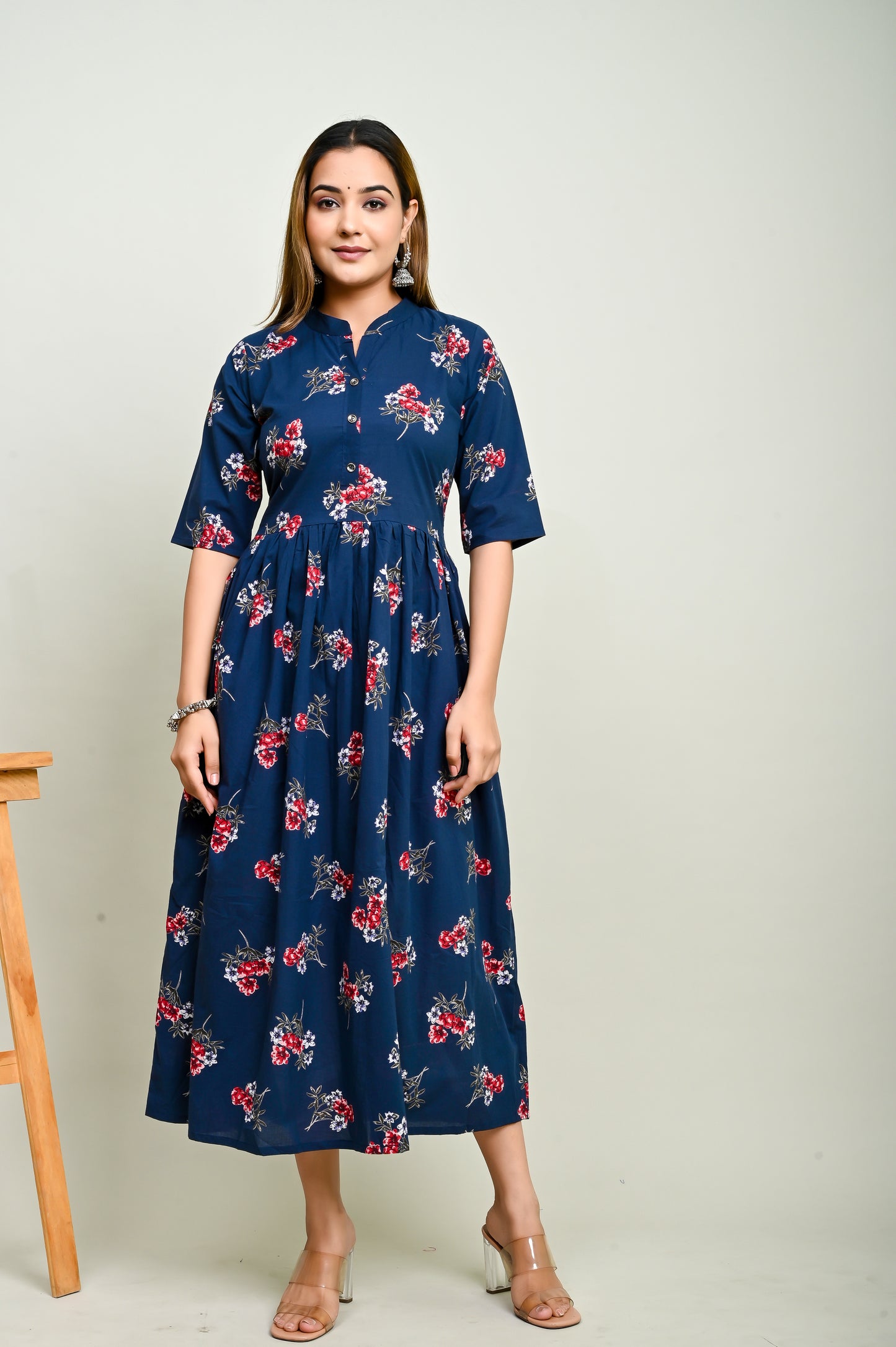 Pink flower motifs navy blue flared 100% cotton kurti