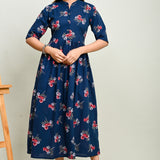 Pink flower motifs navy blue flared 100% cotton kurti