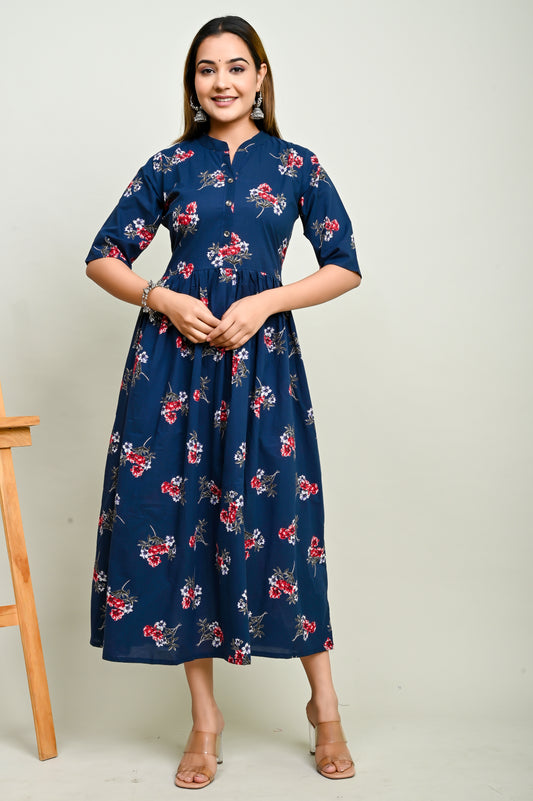 Pink flower motifs navy blue flared 100% cotton kurti