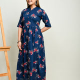 Pink flower motifs navy blue flared 100% cotton kurti