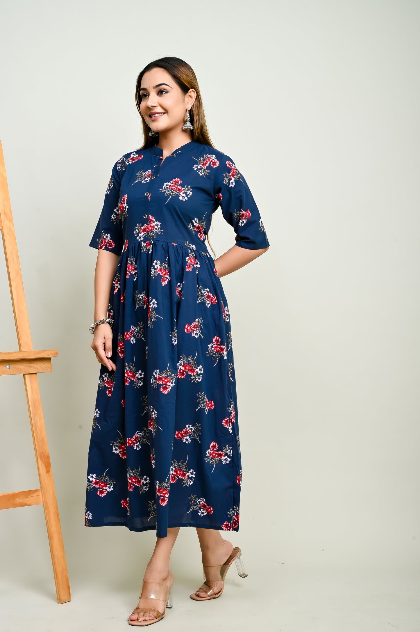 Pink flower motifs navy blue flared 100% cotton kurti