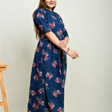 Pink flower motifs navy blue flared 100% cotton kurti