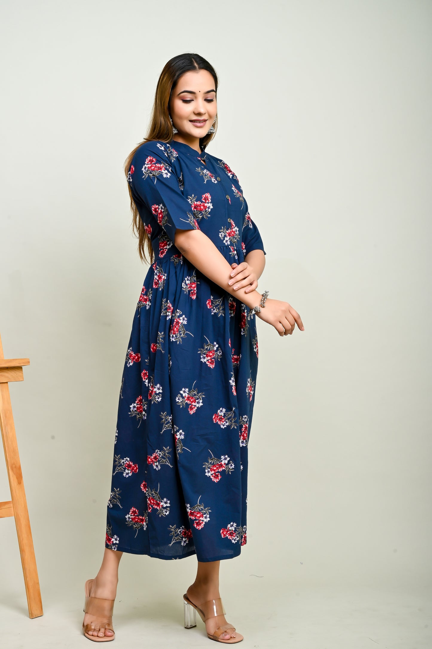 Pink flower motifs navy blue flared 100% cotton kurti