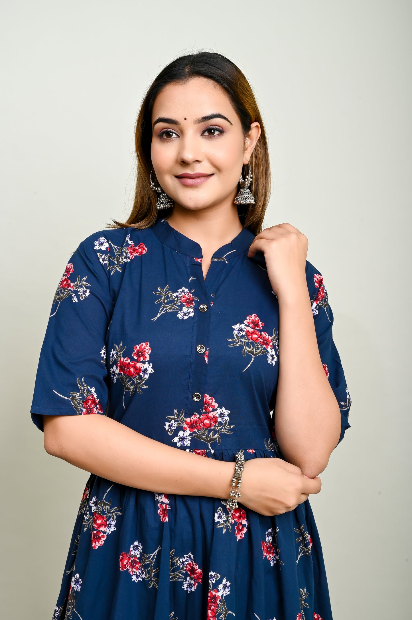 Pink flower motifs navy blue flared 100% cotton kurti