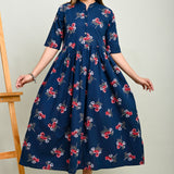 Pink flower motifs navy blue flared 100% cotton kurti