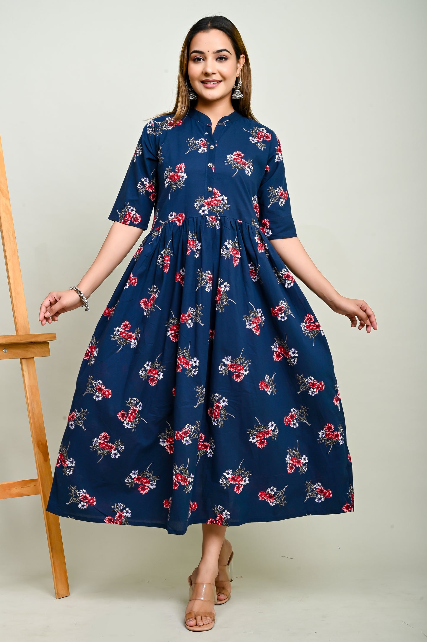 Pink flower motifs navy blue flared 100% cotton kurti