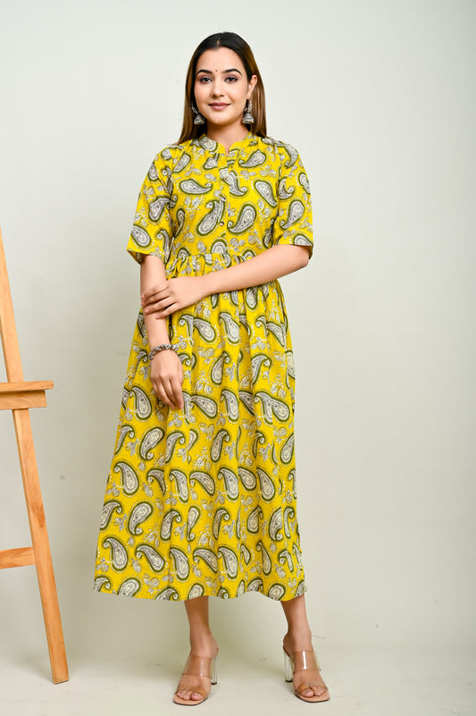 Yellow paisley 100% cotton Flared kurti