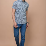 Men Grey Phoolwari Printed 100% Cotton Shirt