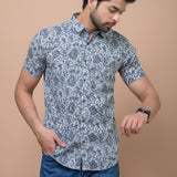 Men Grey Phoolwari Printed 100% Cotton Shirt