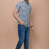 Men Grey Phoolwari Printed 100% Cotton Shirt