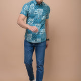 Men Class Blue Jaipuri Printed 100% Cotton Shirt