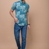 Men Class Blue Jaipuri Printed 100% Cotton Shirt