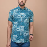 Men Class Blue Jaipuri Printed 100% Cotton Shirt