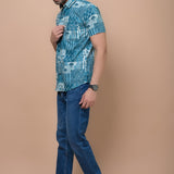 Men Class Blue Jaipuri Printed 100% Cotton Shirt