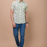 Grey - Green Elephant Printed 100% Cotton Shirt