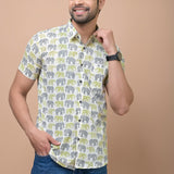 Grey - Green Elephant Printed 100% Cotton Shirt