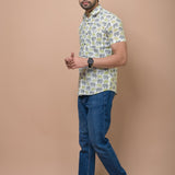 Grey - Green Elephant Printed 100% Cotton Shirt