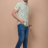 Grey - Green Elephant Printed 100% Cotton Shirt