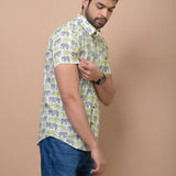 Grey - Green Elephant Printed 100% Cotton Shirt