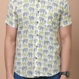 Grey - Green Elephant Printed 100% Cotton Shirt