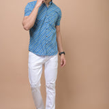 Sky Blue Mustard Butti 100% cotton Printed Half Sleeves shirt