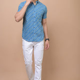 Sky Blue Mustard Butti 100% cotton Printed Half Sleeves shirt