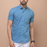 Sky Blue Mustard Butti 100% cotton Printed Half Sleeves shirt