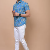 Sky Blue Mustard Butti 100% cotton Printed Half Sleeves shirt