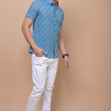 Sky Blue Mustard Butti 100% cotton Printed Half Sleeves shirt