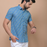 Sky Blue Mustard Butti 100% cotton Printed Half Sleeves shirt