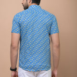 Sky Blue Mustard Butti 100% cotton Printed Half Sleeves shirt