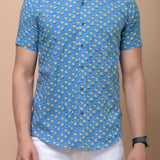 Sky Blue Mustard Butti 100% cotton Printed Half Sleeves shirt