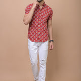 Red Mid Size Butti 100% cotton Printed Half Sleeves shirt