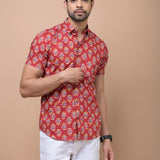 Red Mid Size Butti 100% cotton Printed Half Sleeves shirt