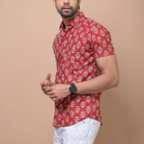 Red Mid Size Butti 100% cotton Printed Half Sleeves shirt