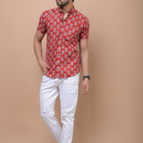 Red Mid Size Butti 100% cotton Printed Half Sleeves shirt