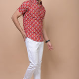 Red Mid Size Butti 100% cotton Printed Half Sleeves shirt