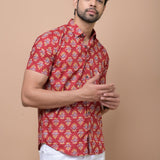 Red Mid Size Butti 100% cotton Printed Half Sleeves shirt