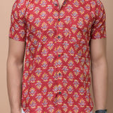 Red Mid Size Butti 100% cotton Printed Half Sleeves shirt