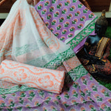 Hand Block Printed Cotton Suit With Chiffon Dupatta