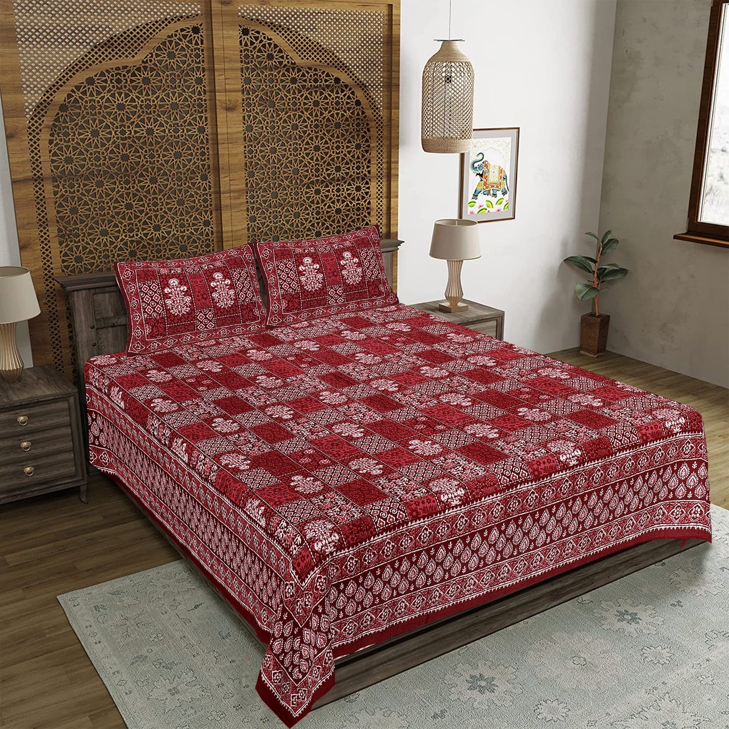 Box Buta Maroon King Size 100% Cotton Bedsheets