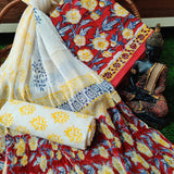 Hand Block Printed Cotton Suit With Chiffon Dupatta