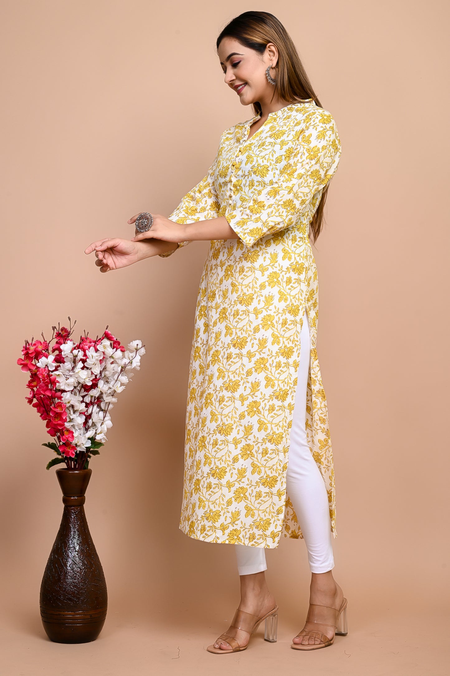 Yellow Floral Beauty Hand Print 100% Cotton Straight Kurti