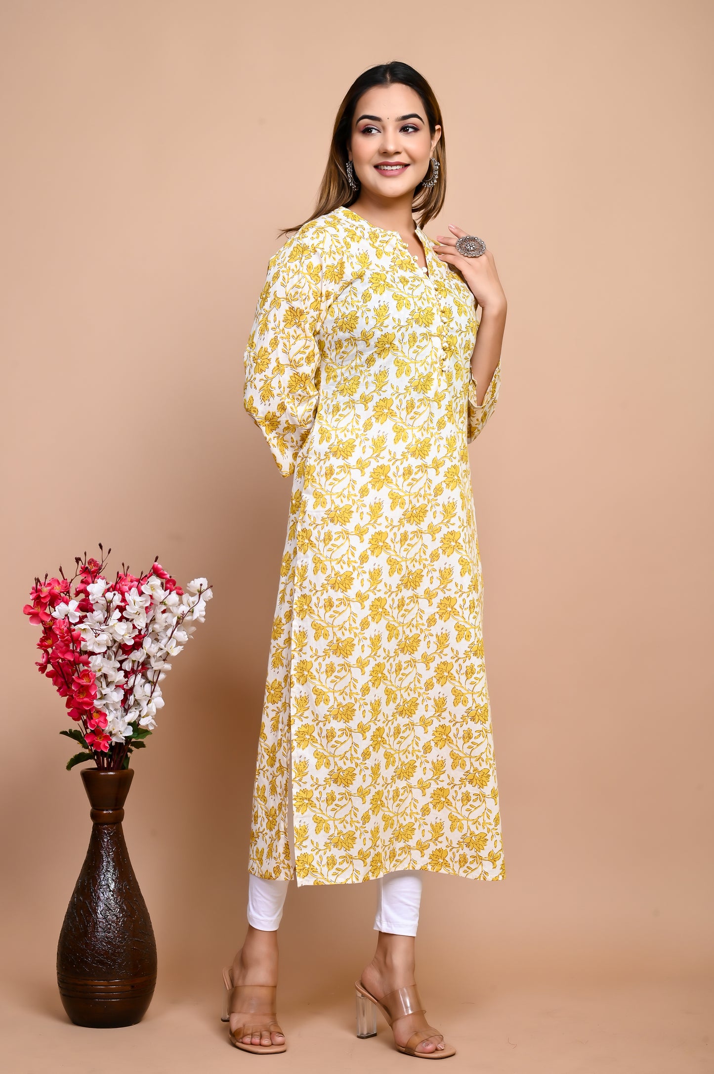 Yellow Floral Beauty Hand Print 100% Cotton Straight Kurti
