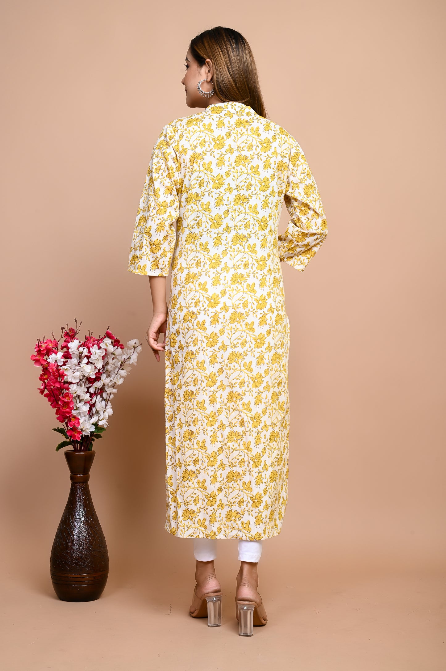 Yellow Floral Beauty Hand Print 100% Cotton Straight Kurti