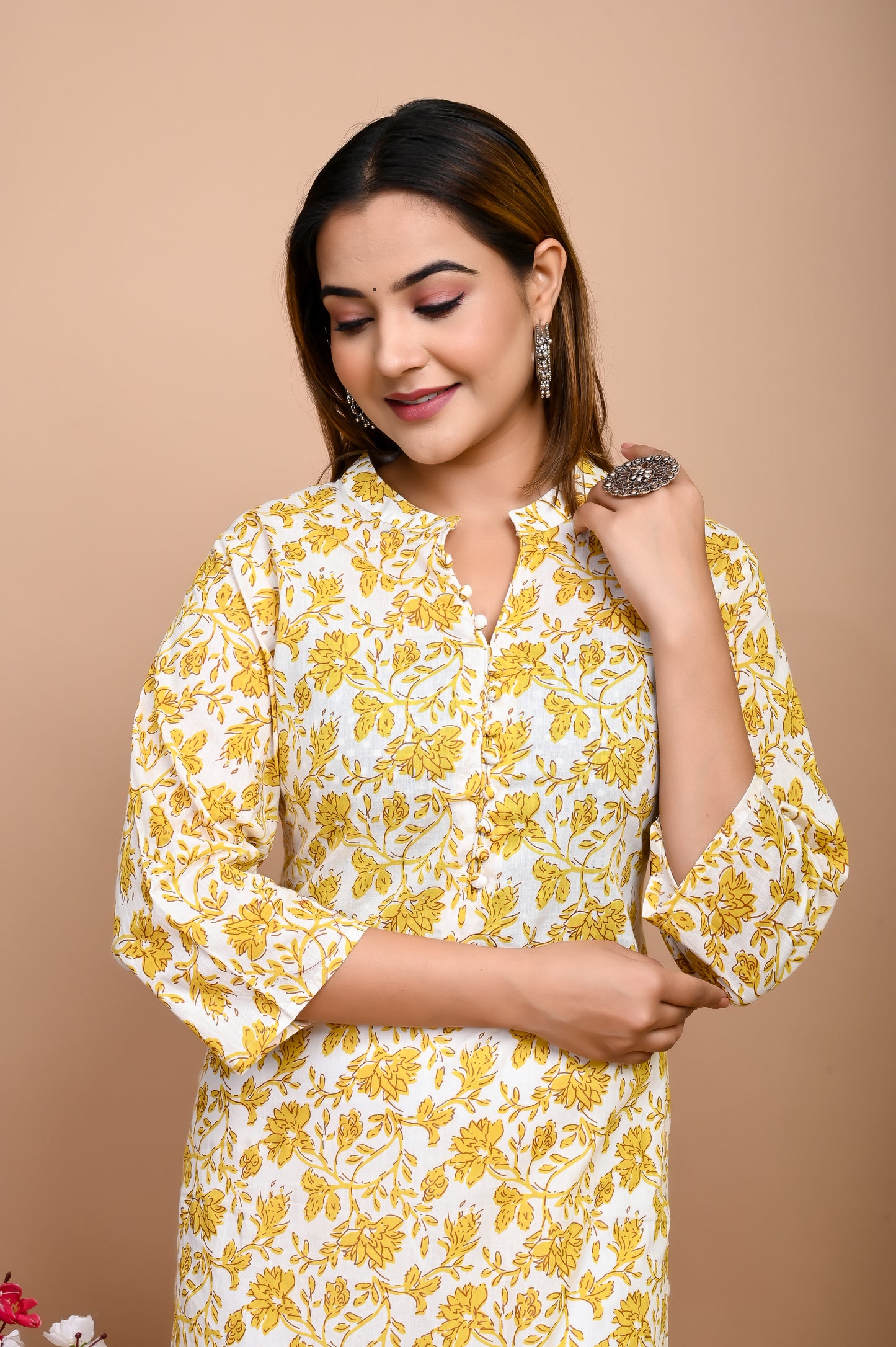 Yellow Floral Beauty Hand Print 100% Cotton Straight Kurti